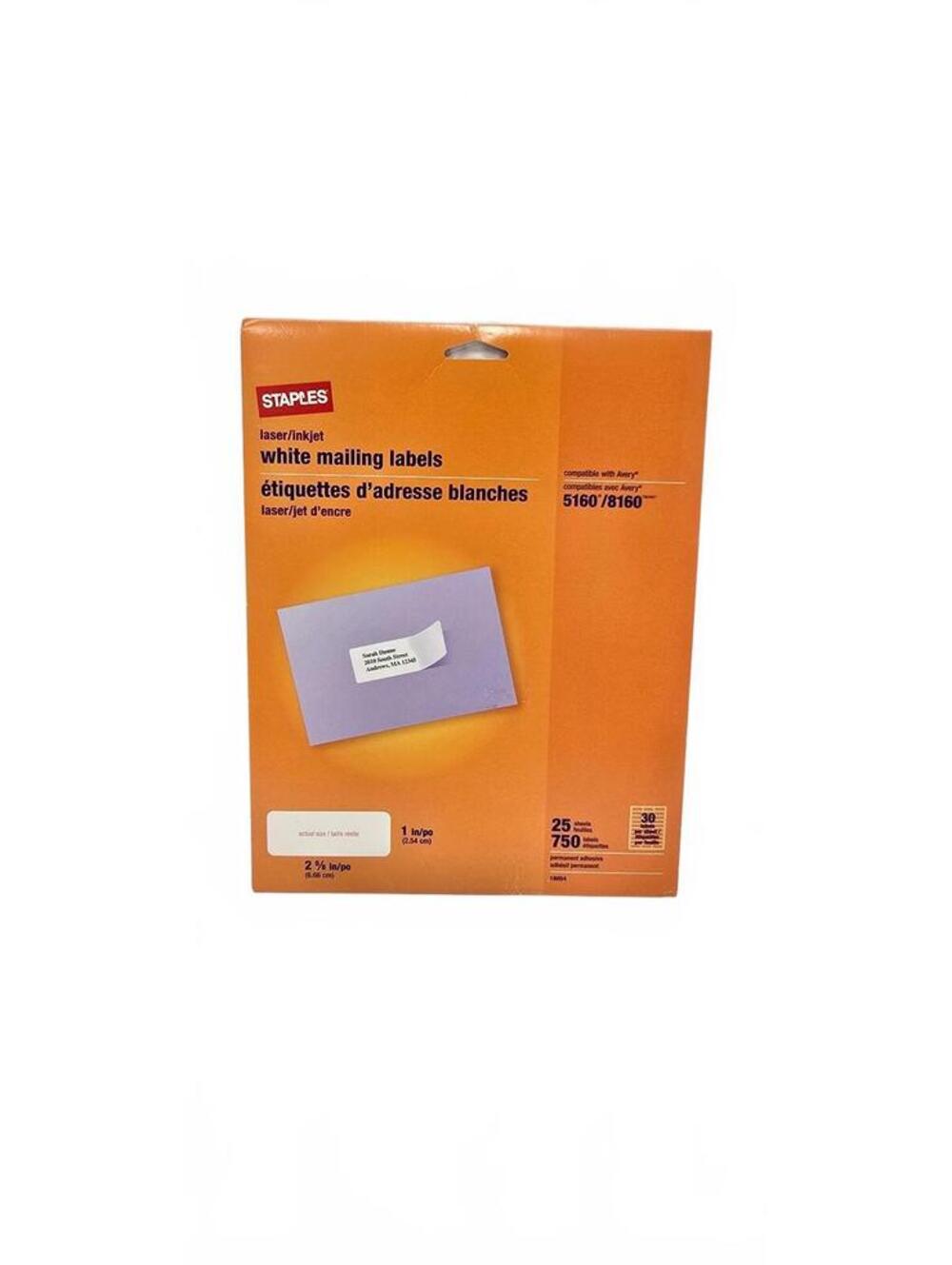 Staples White Mailing Labels for Laser/Inkjet Printers, 750 Labels, 2.5 x 1 inch